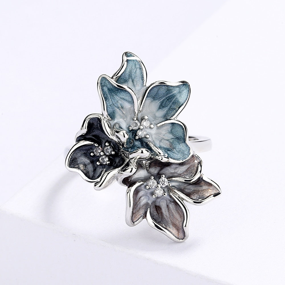 Silver Ring with Enameled Flower Shape