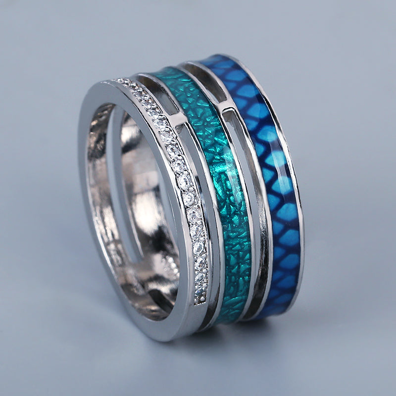 Three-layers Silver Ring Enameled in Blue and Green with Zirconia