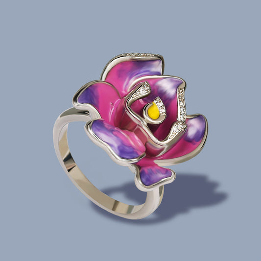 Enameled Ring with Pink and Purple Flower