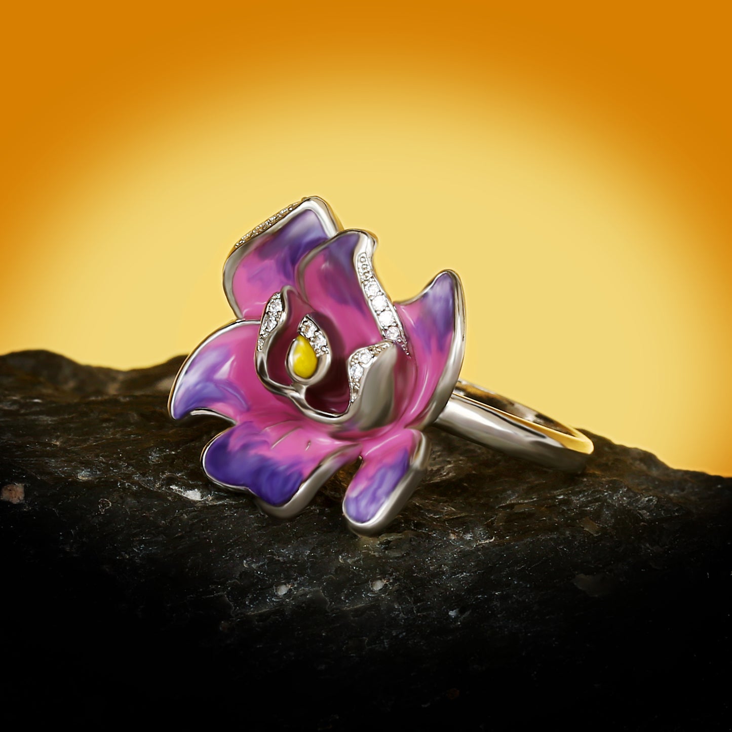 Enameled Ring with Pink and Purple Flower