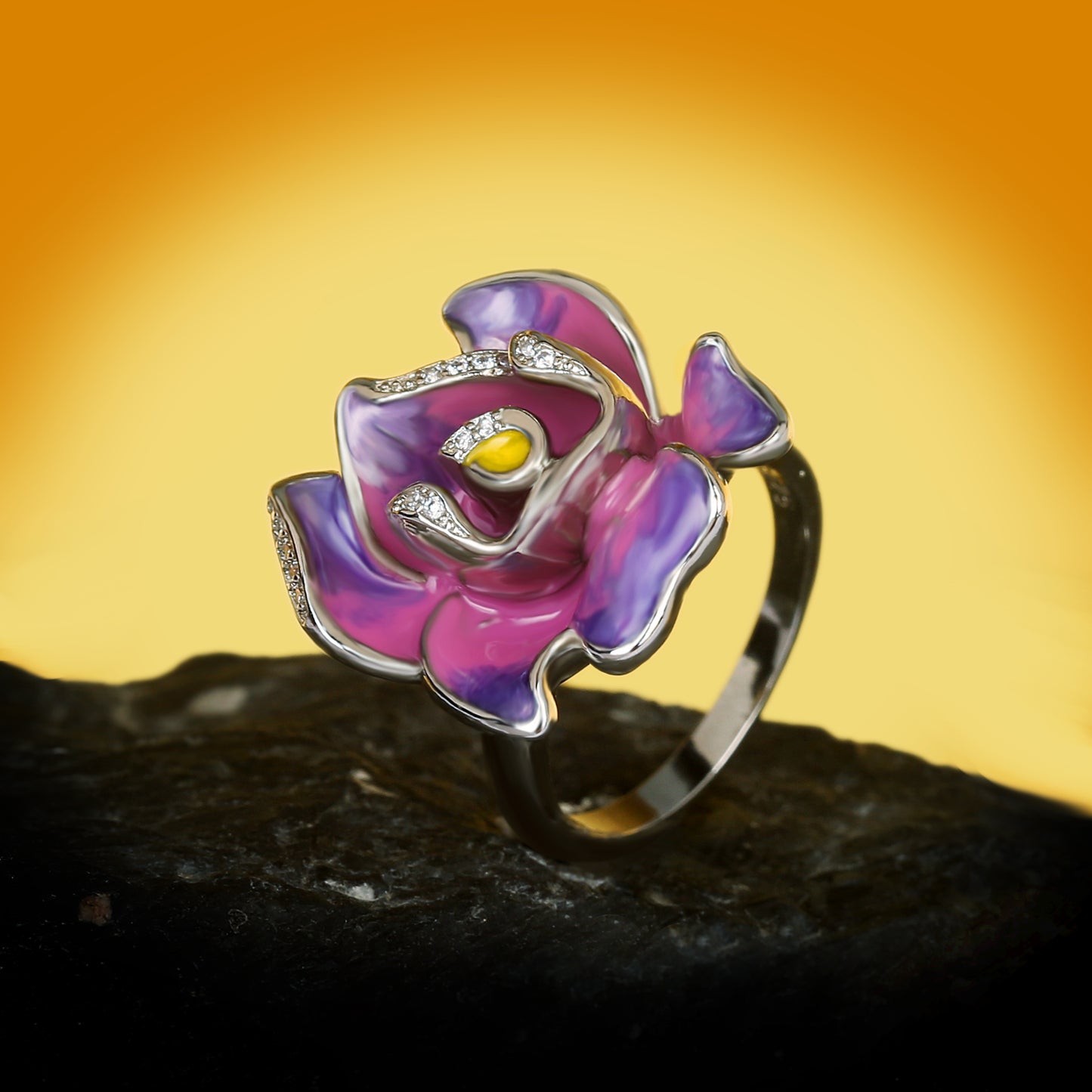 Enameled Ring with Pink and Purple Flower