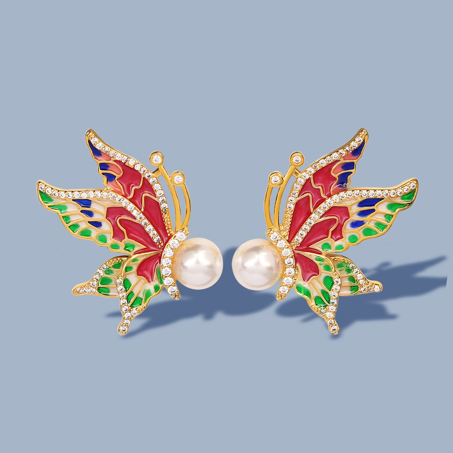 Silver Earrings with Colorful Butterfly and Pearl