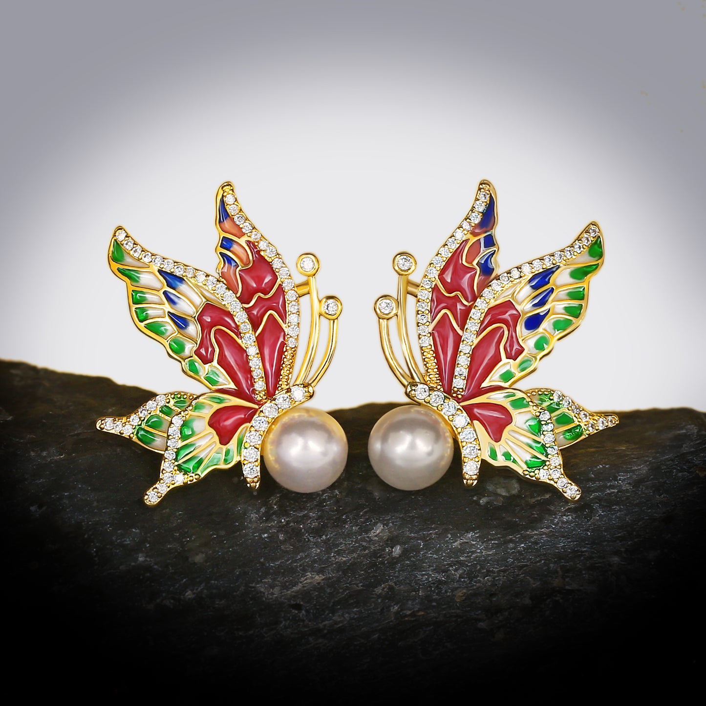 Silver Earrings with Colorful Butterfly and Pearl