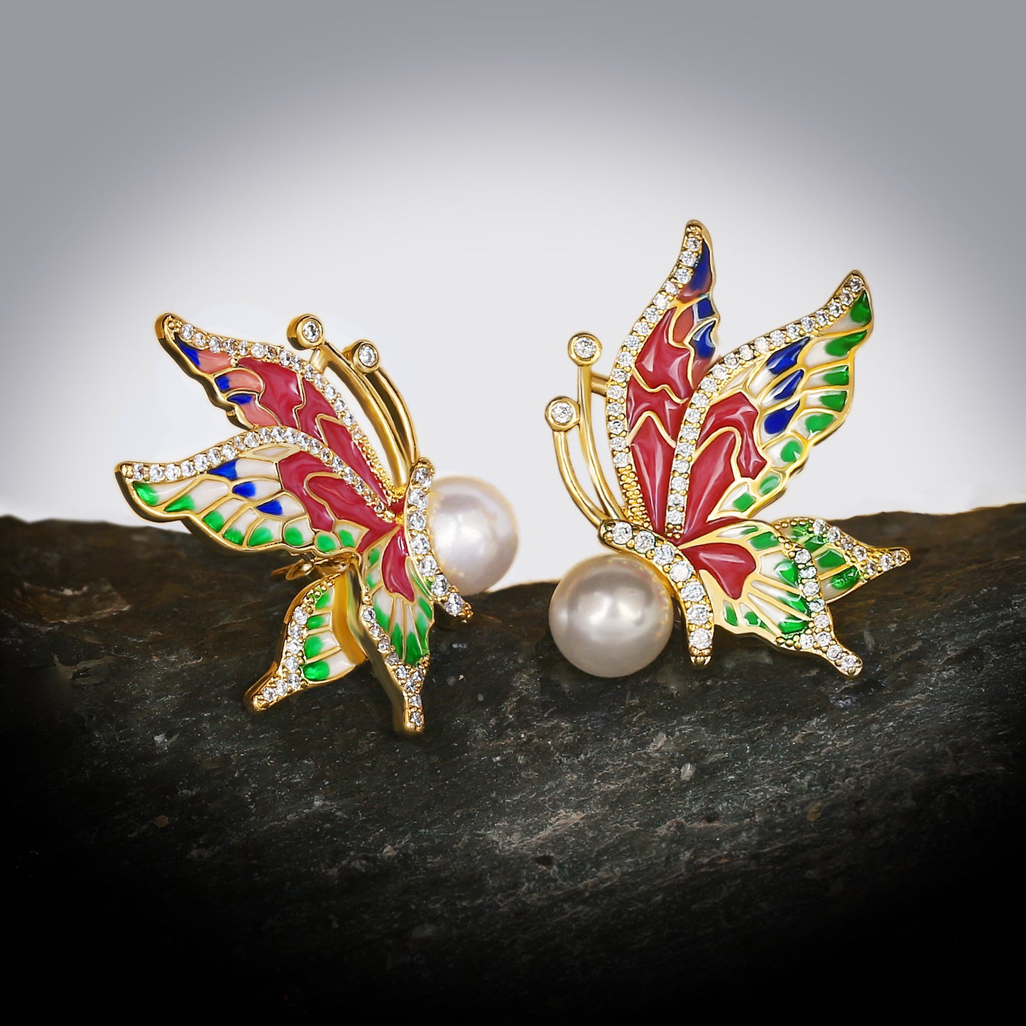 Silver Earrings with Colorful Butterfly and Pearl