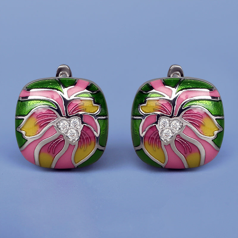 Sterling Silver Earrings with Enameled Flower and Inlaid Zirconia