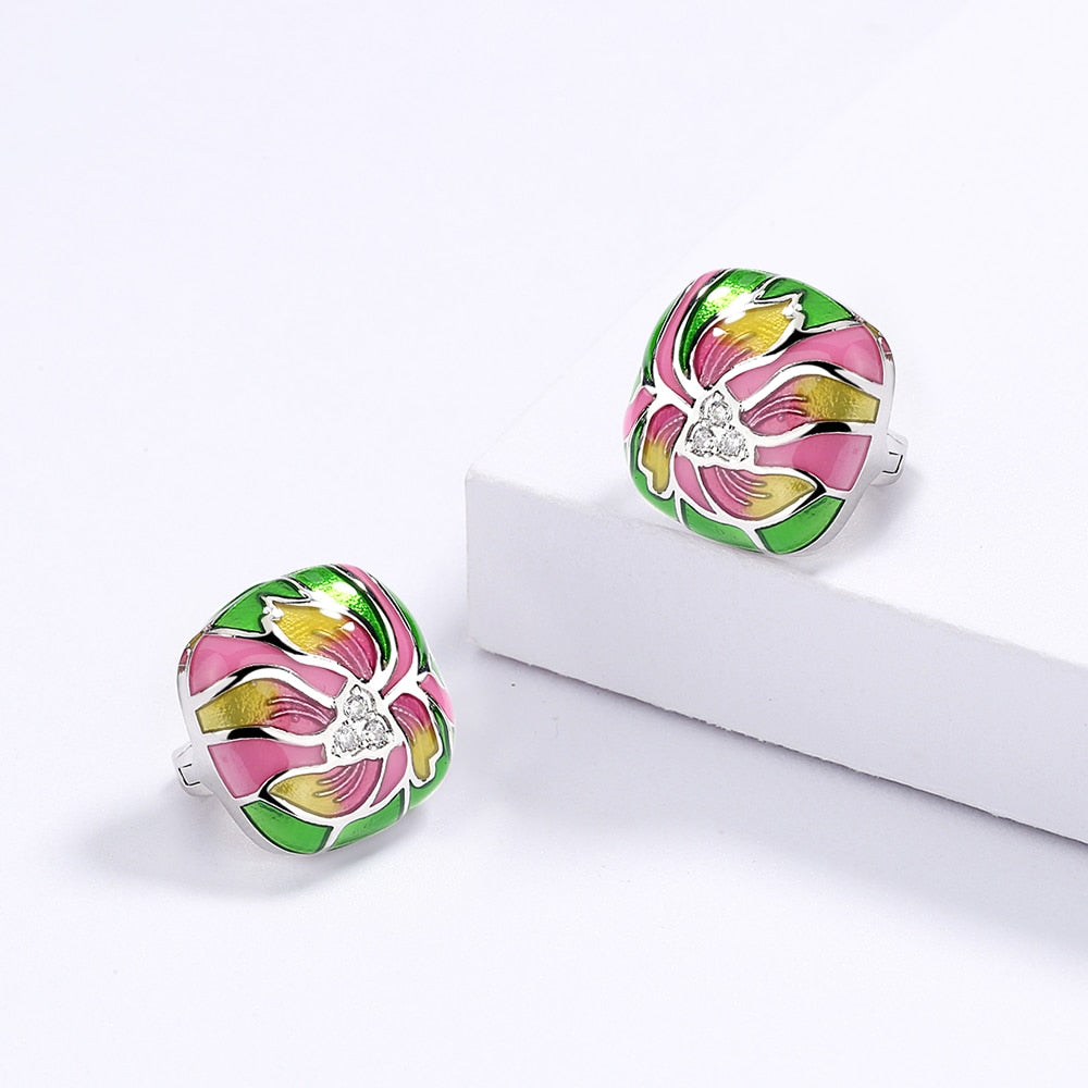 Sterling Silver Earrings with Enameled Flower and Inlaid Zirconia