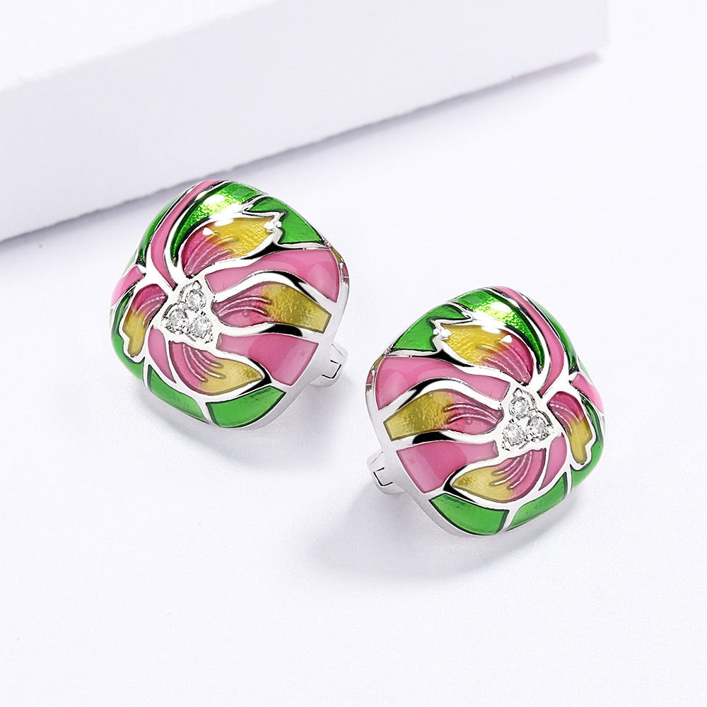 Sterling Silver Earrings with Enameled Flower and Inlaid Zirconia