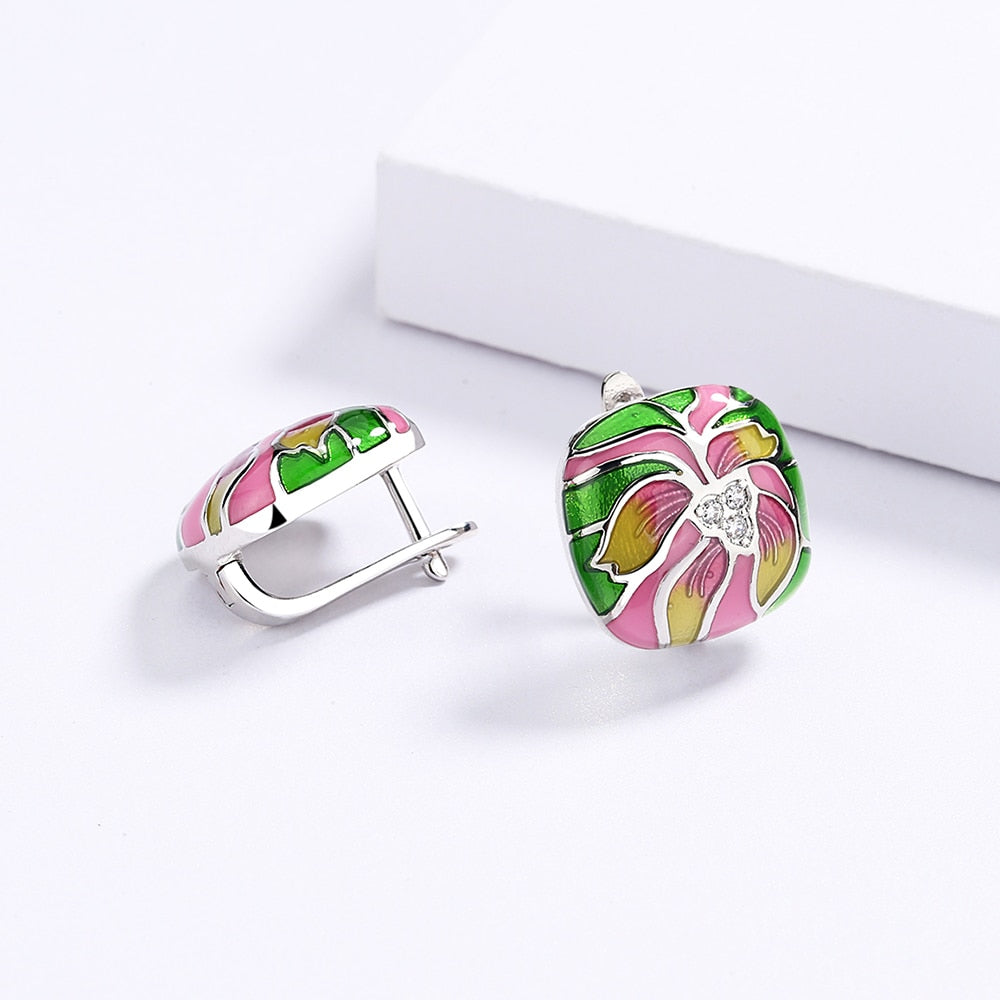 Sterling Silver Earrings with Enameled Flower and Inlaid Zirconia