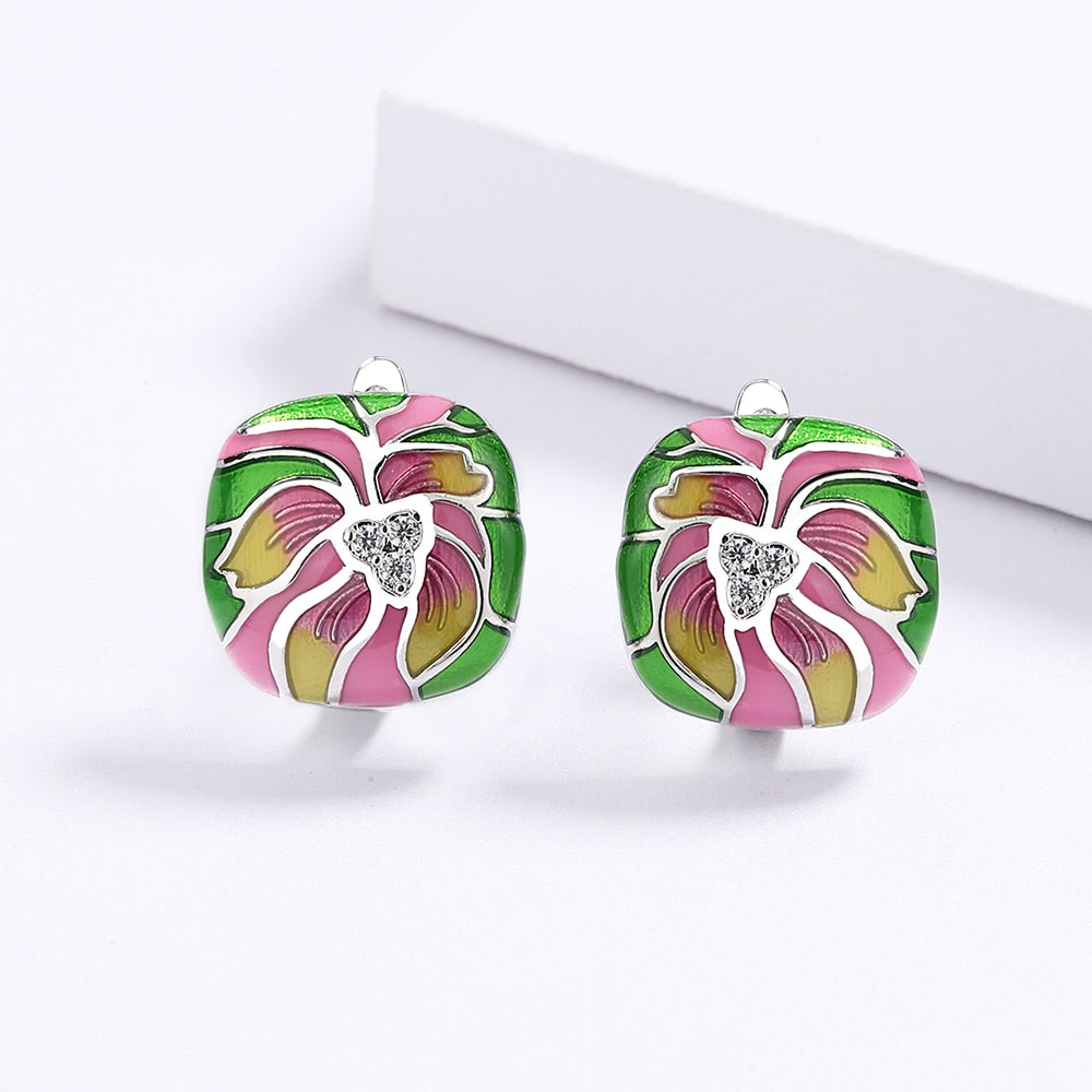 Sterling Silver Earrings with Enameled Flower and Inlaid Zirconia