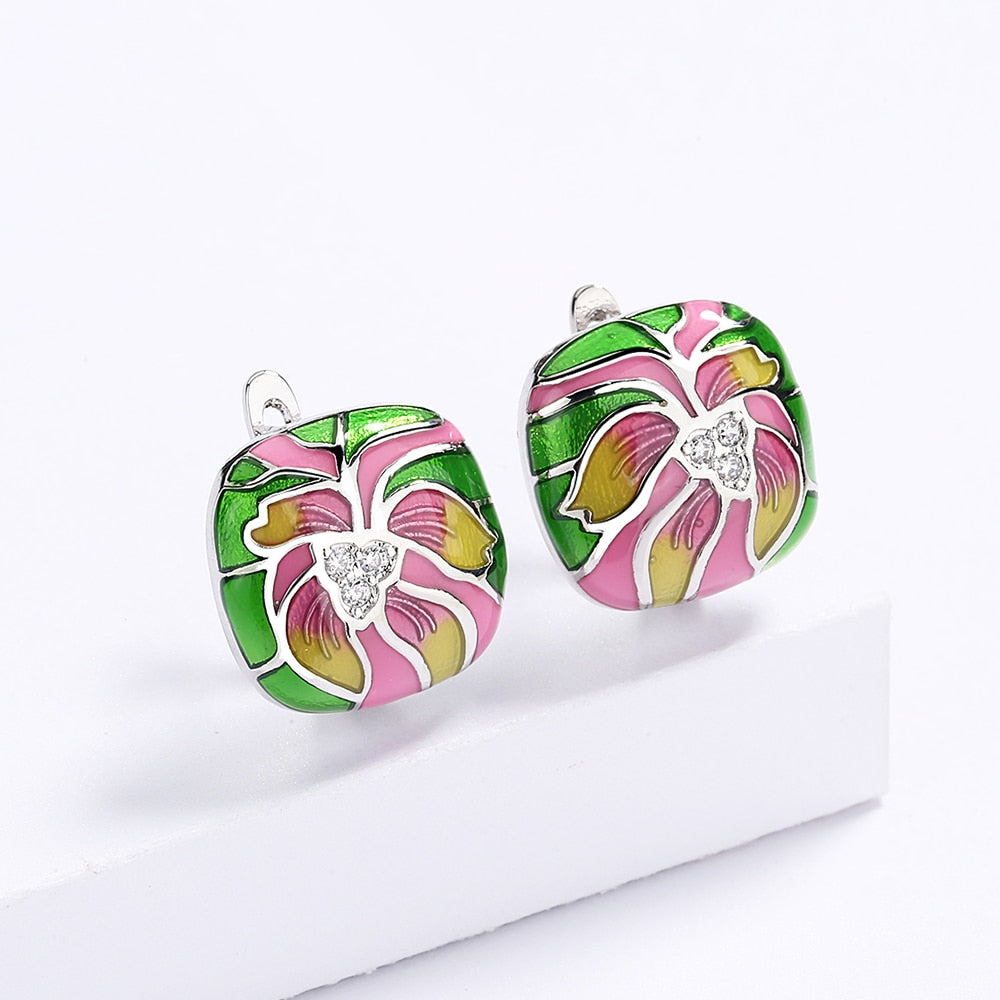 Sterling Silver Earrings with Enameled Flower and Inlaid Zirconia