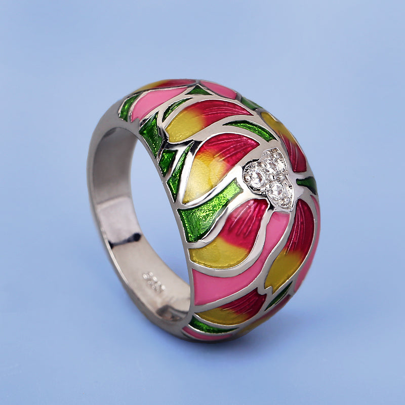 Sterling Silver Ring with Enameled Flower and Inlaid Zirconia