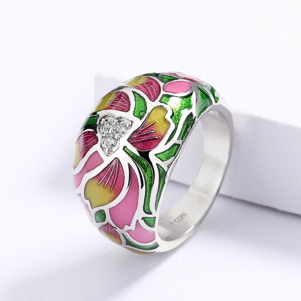 Sterling Silver Ring with Enameled Flower and Inlaid Zirconia