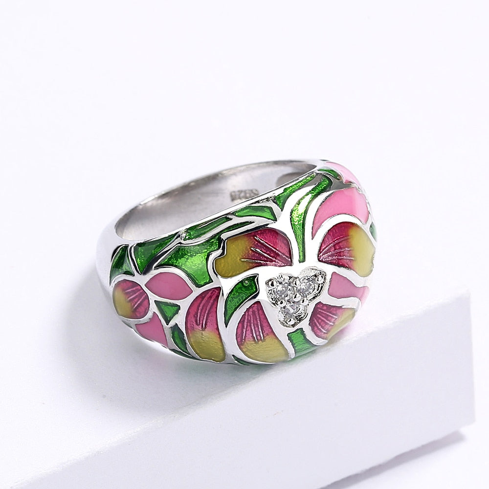 Sterling Silver Ring with Enameled Flower and Inlaid Zirconia