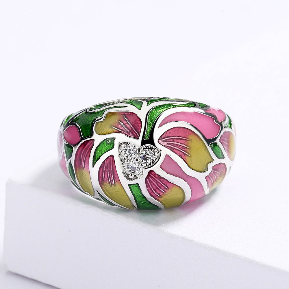 Sterling Silver Ring with Enameled Flower and Inlaid Zirconia