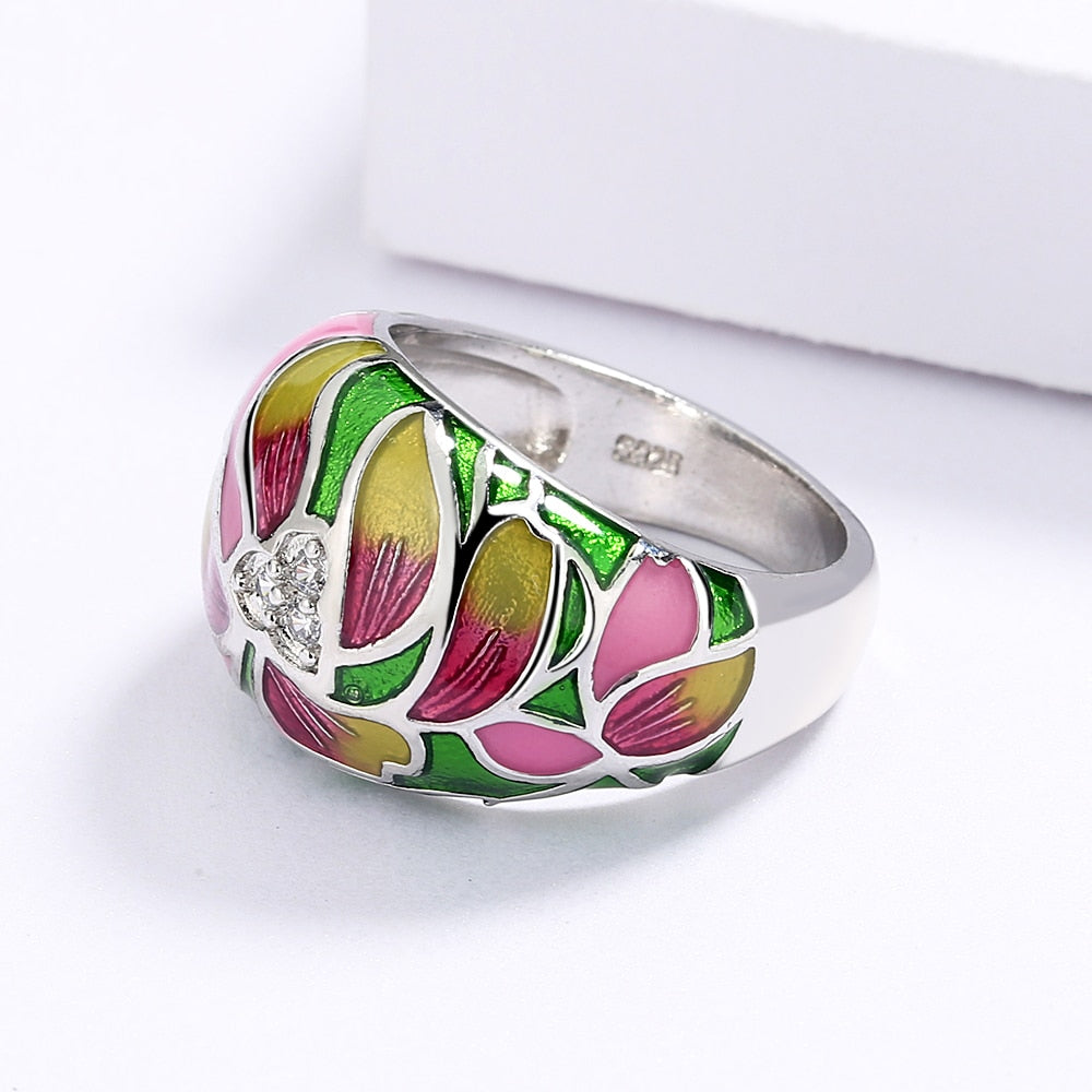 Sterling Silver Ring with Enameled Flower and Inlaid Zirconia