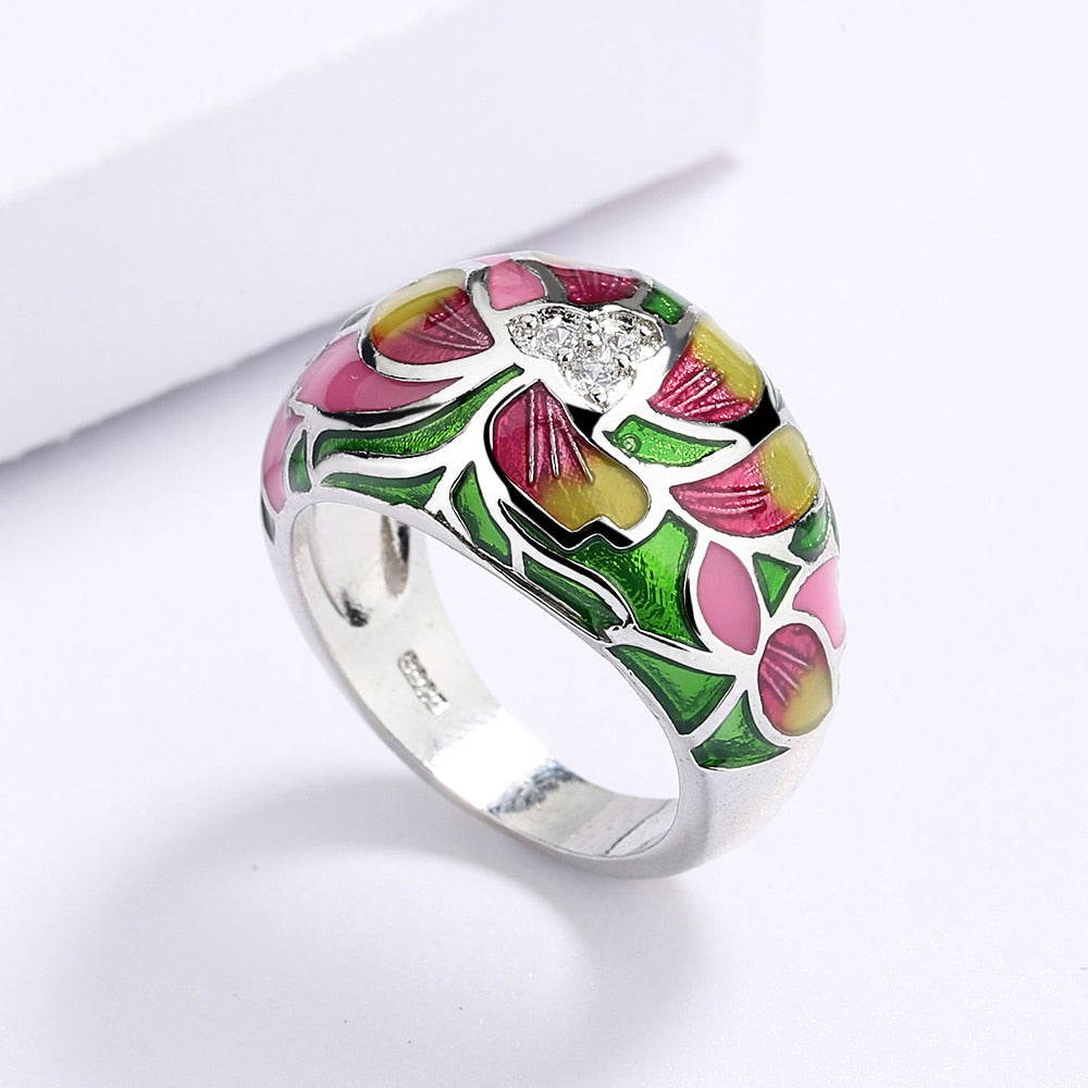 Sterling Silver Ring with Enameled Flower and Inlaid Zirconia