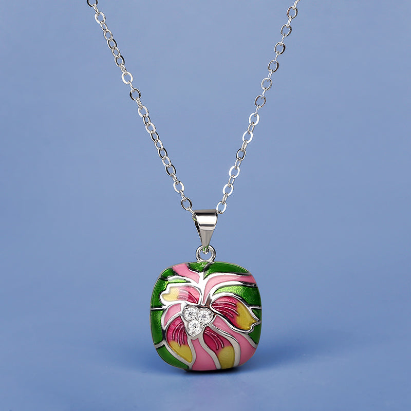 Sterling Silver Necklace with Colorful Flowers