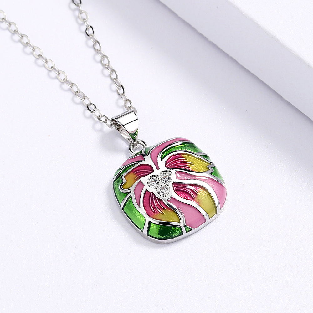 Sterling Silver Necklace with Colorful Flowers