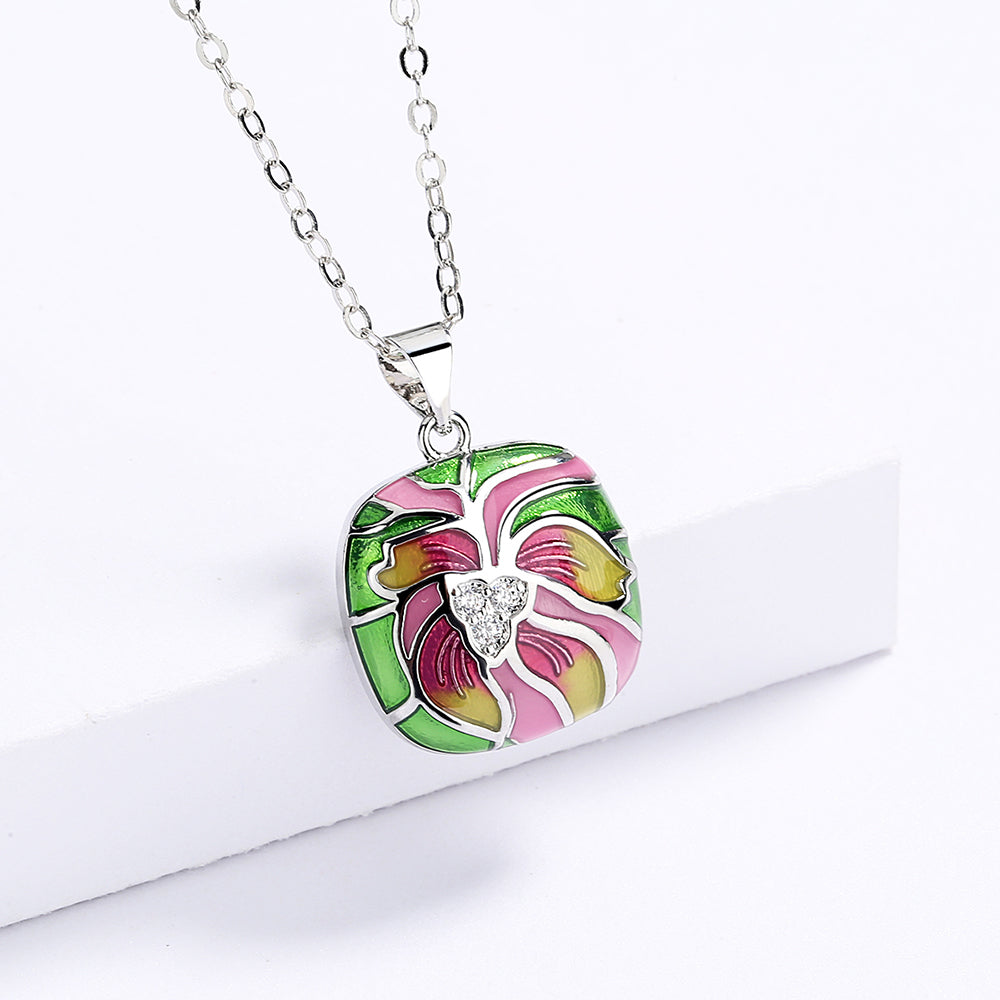 Sterling Silver Necklace with Colorful Flowers