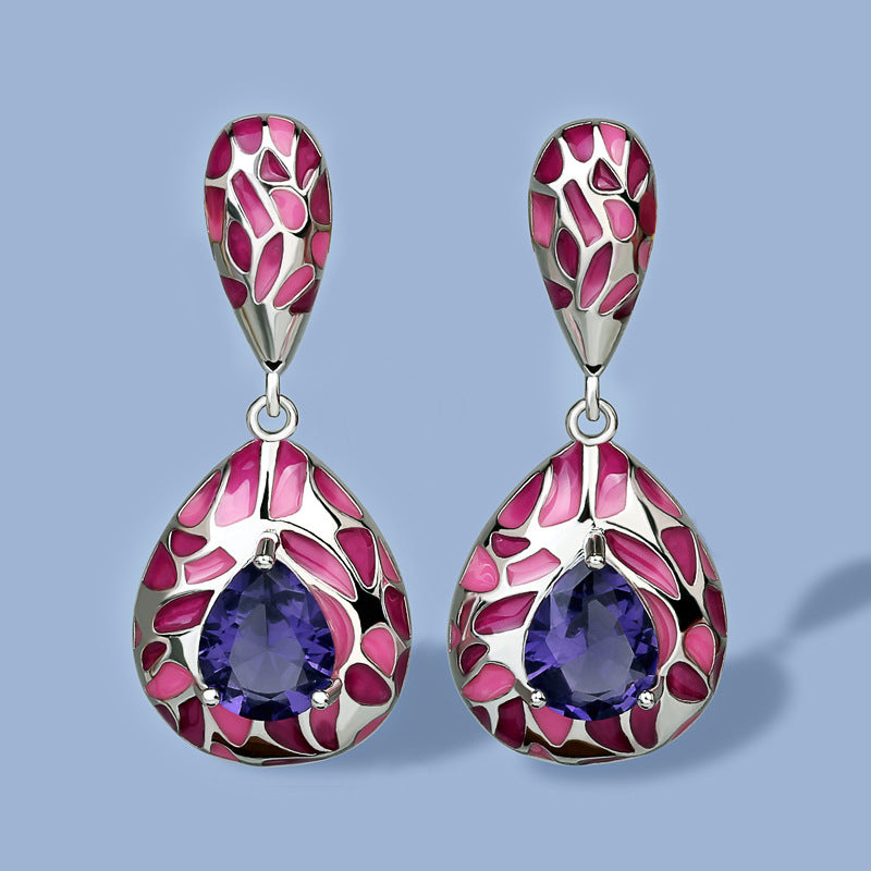 Pink and White Enamel Earrings with Purple Zirconia