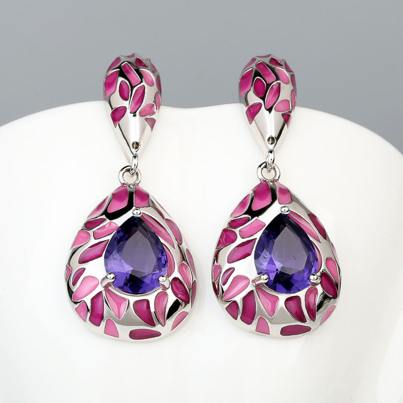 Pink and White Enamel Earrings with Purple Zirconia