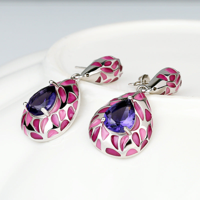 Pink and White Enamel Earrings with Purple Zirconia