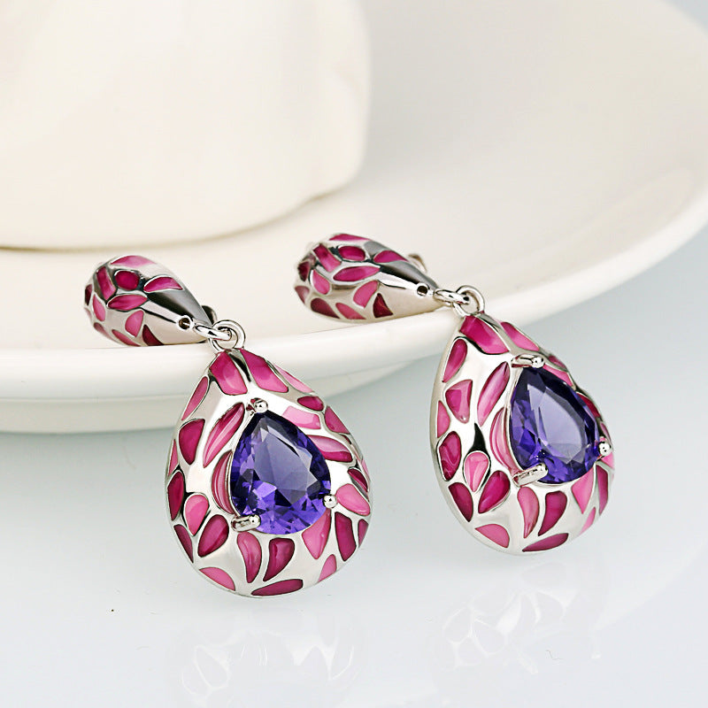 Pink and White Enamel Earrings with Purple Zirconia