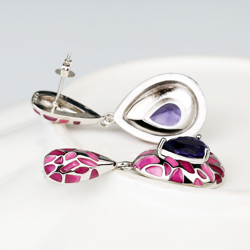 Pink and White Enamel Earrings with Purple Zirconia