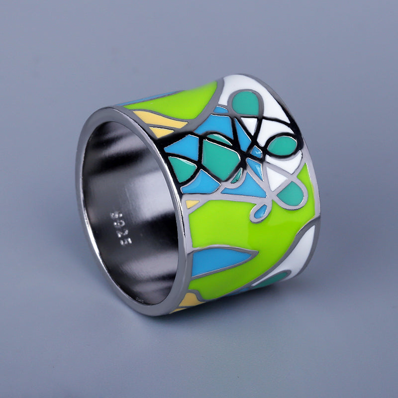 Sterling Silver Wide Ring Band Enameled in Multiple Colors