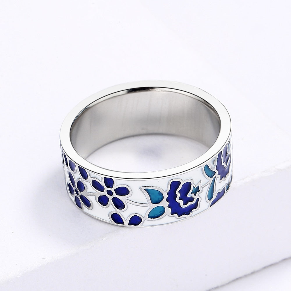 Ring with Enameled Flowers in Blue Color