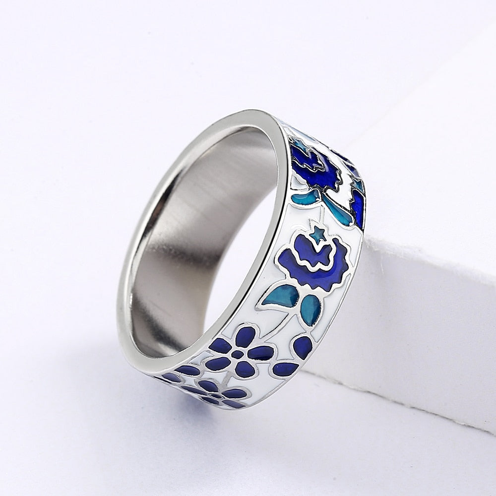 Ring with Enameled Flowers in Blue Color