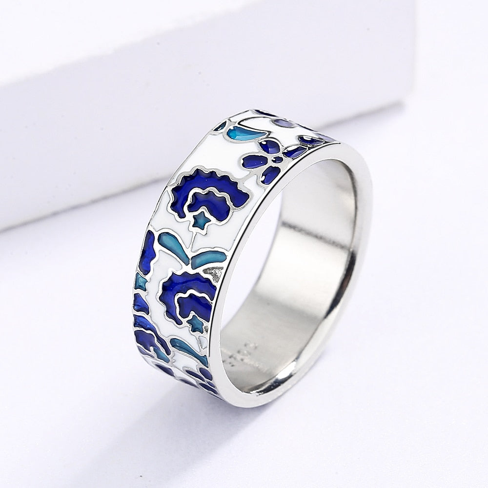 Ring with Enameled Flowers in Blue Color