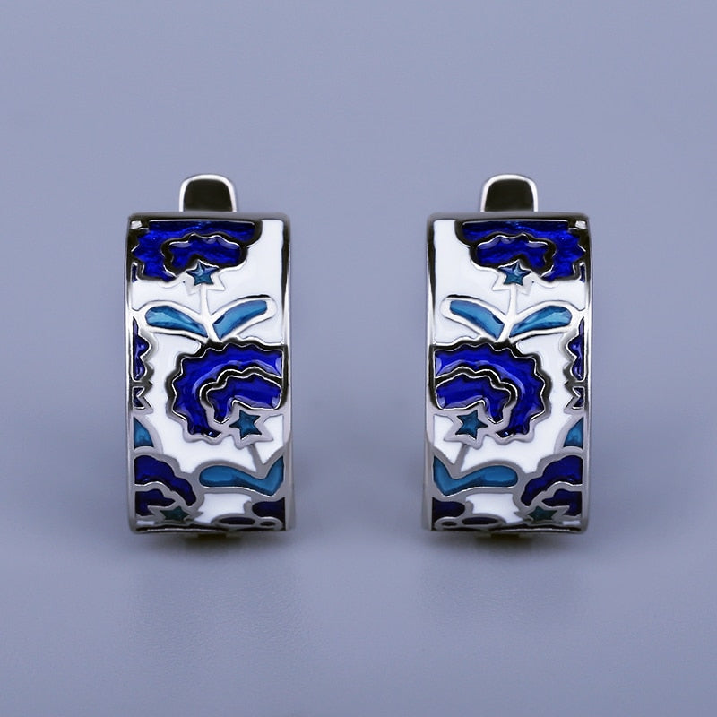 Earrings with Enameled Flowers in Blue Color