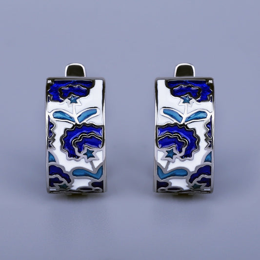 Earrings with Enameled Flowers in Blue Color