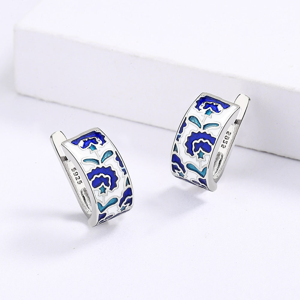 Earrings with Enameled Flowers in Blue Color