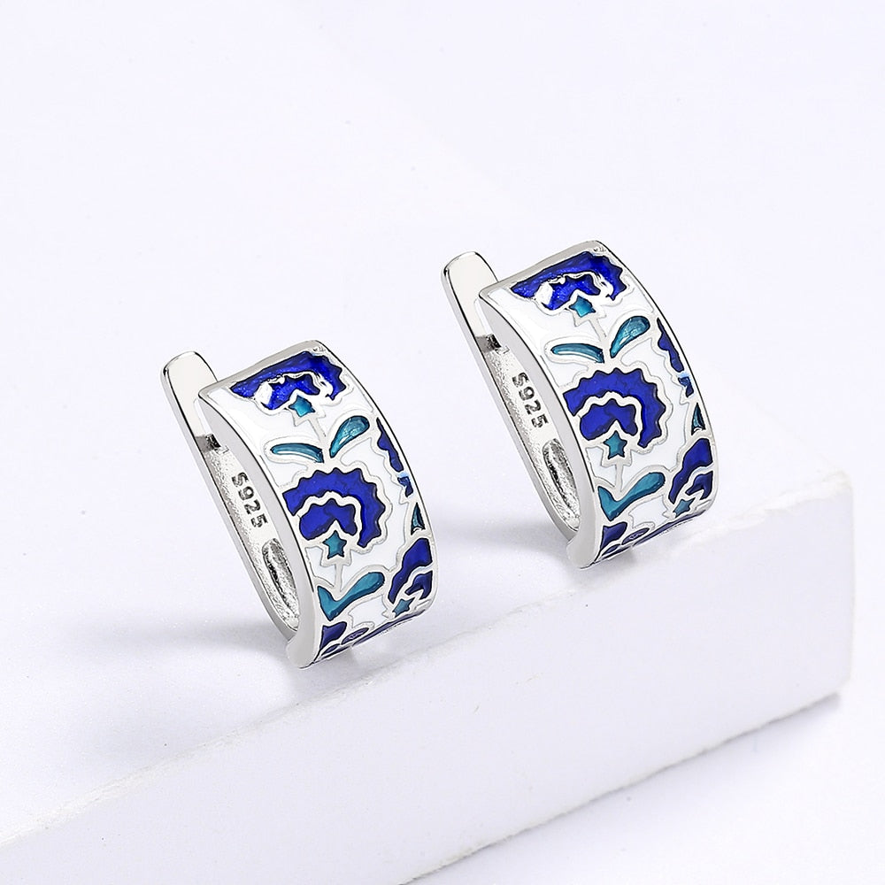 Earrings with Enameled Flowers in Blue Color