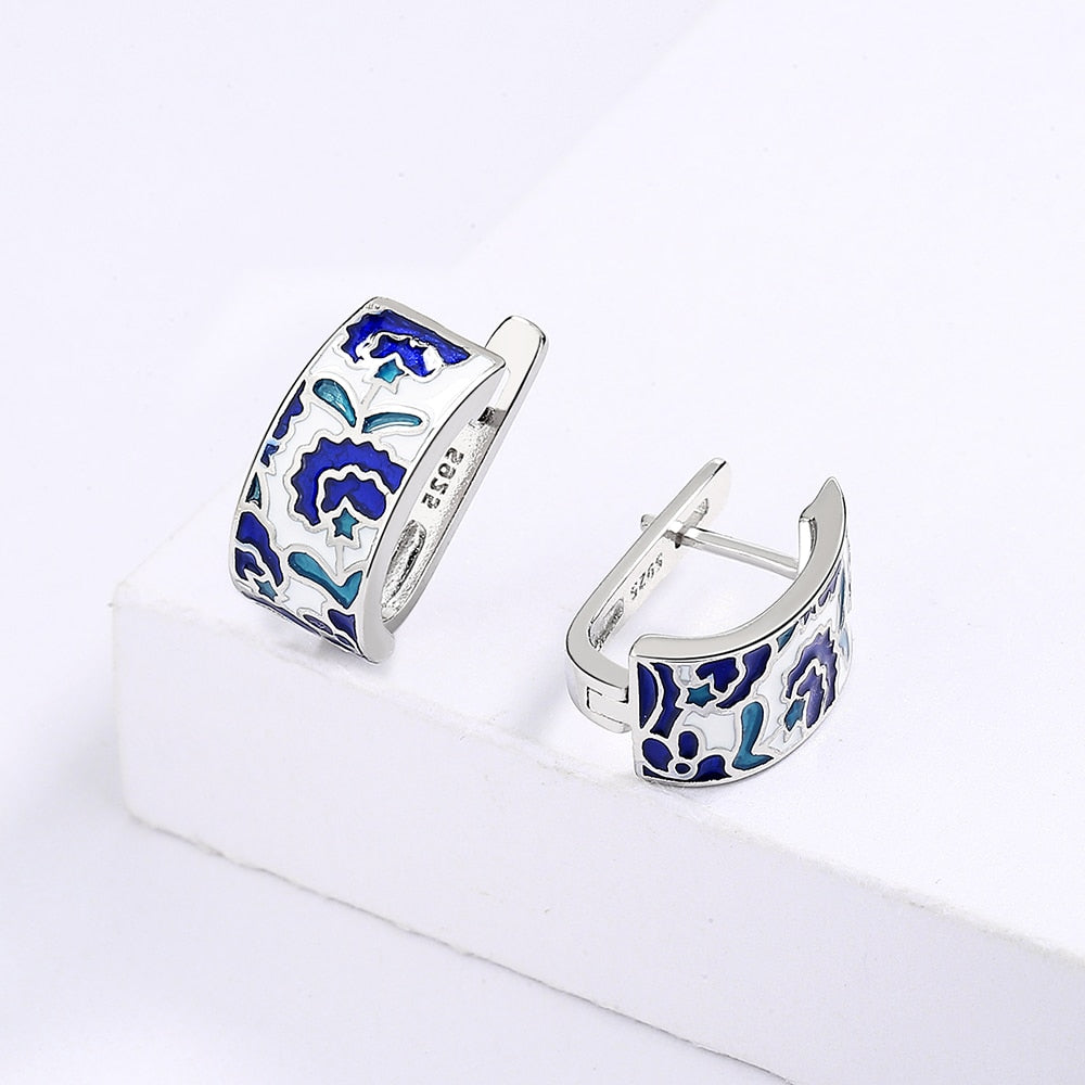 Earrings with Enameled Flowers in Blue Color