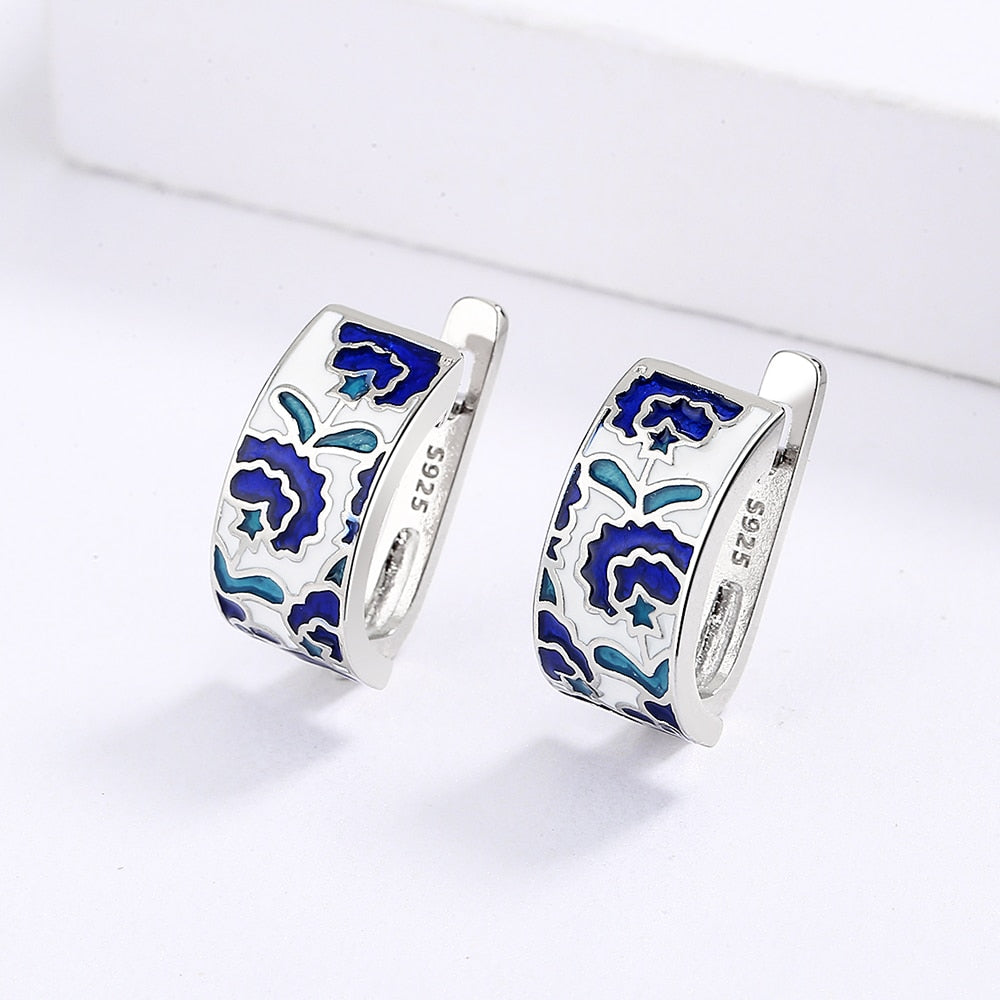 Earrings with Enameled Flowers in Blue Color