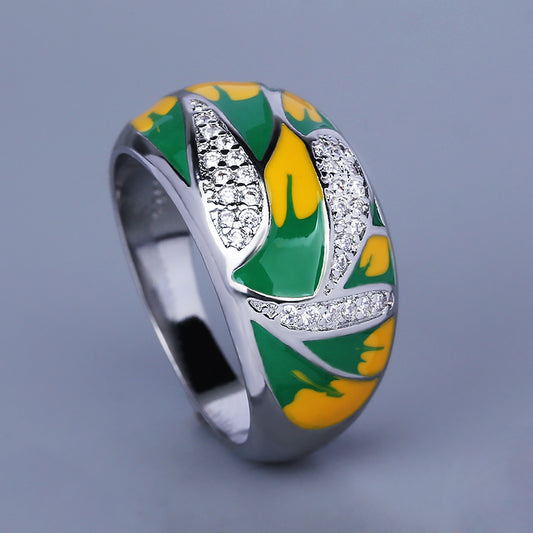 Sterling Silver Ring Enameled in Green and Yellow with Zirconia