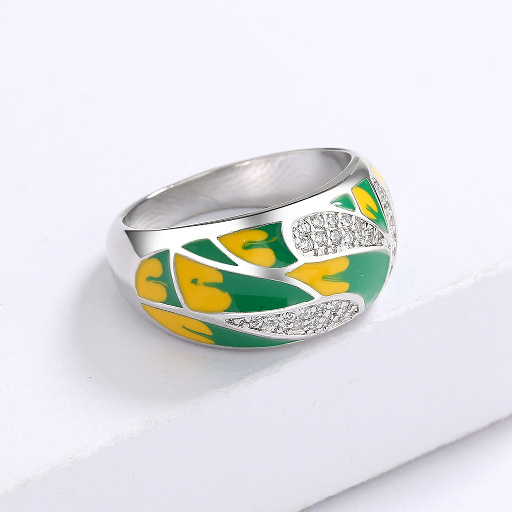 Sterling Silver Ring Enameled in Green and Yellow with Zirconia