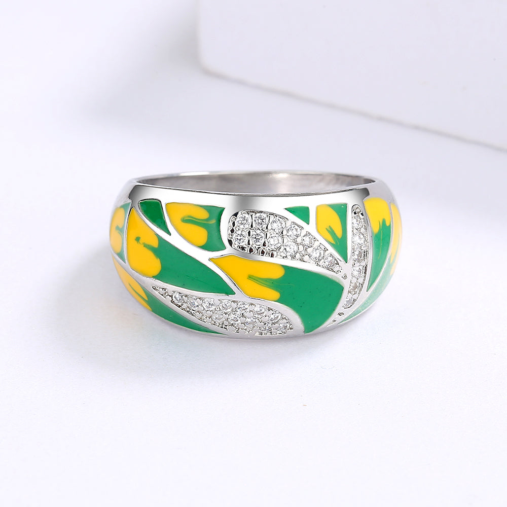 Sterling Silver Ring Enameled in Green and Yellow with Zirconia