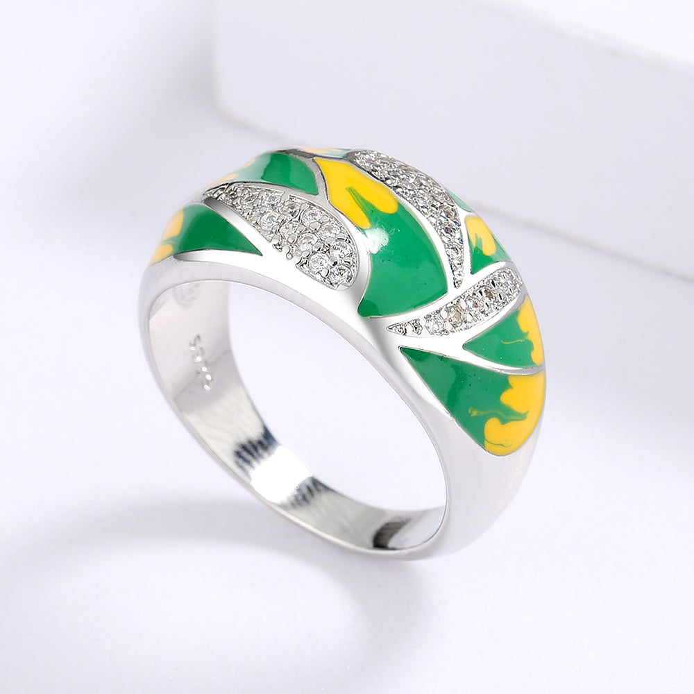 Sterling Silver Ring Enameled in Green and Yellow with Zirconia