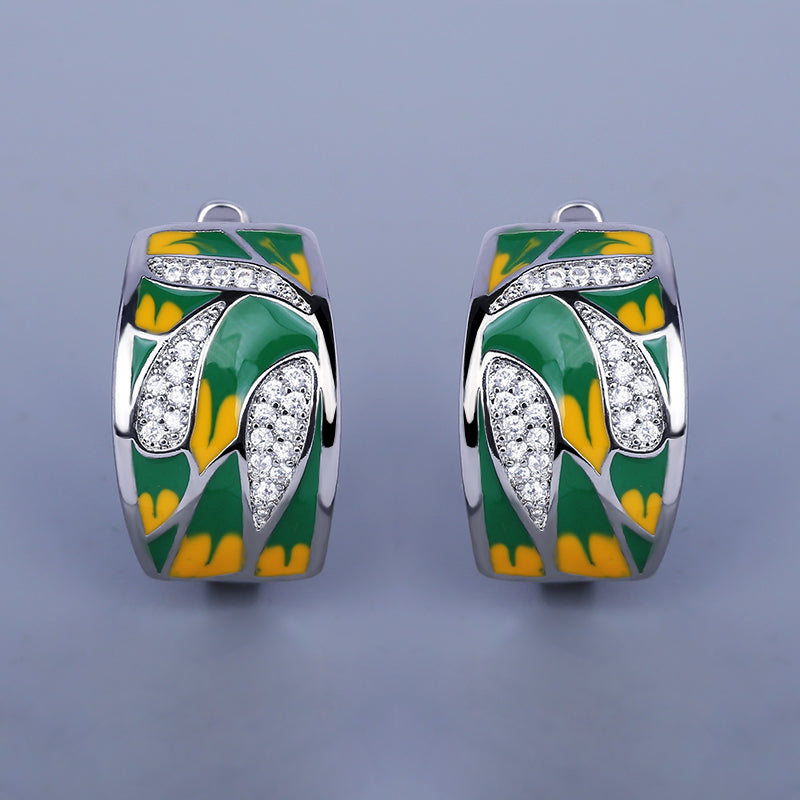 Sterling Silver Earrings Enameled in Green and Yellow with Zirconia