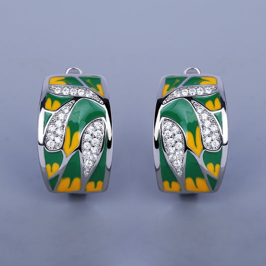 Sterling Silver Earrings Enameled in Green and Yellow with Zirconia