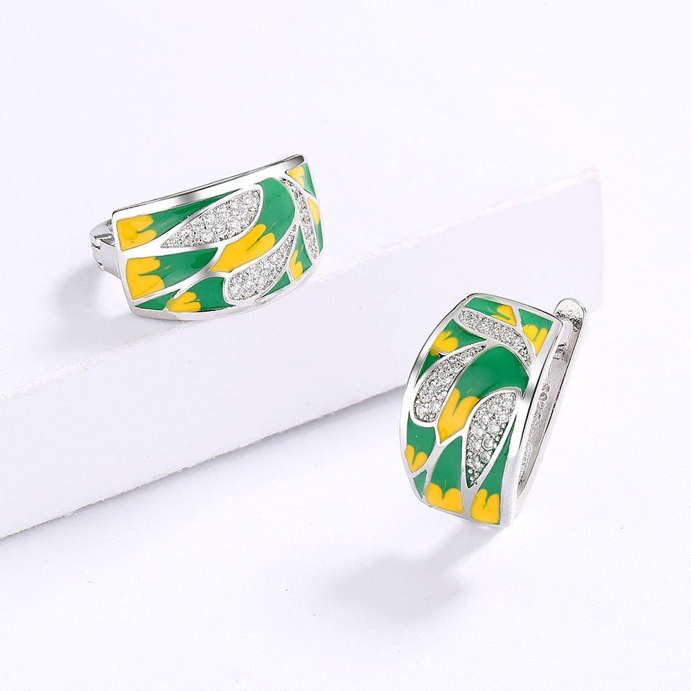 Sterling Silver Earrings Enameled in Green and Yellow with Zirconia