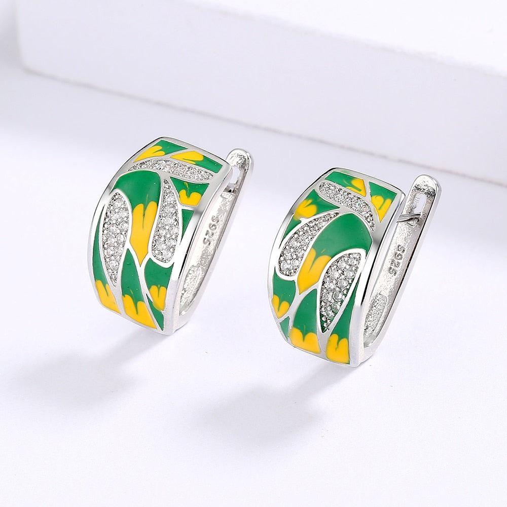 Sterling Silver Earrings Enameled in Green and Yellow with Zirconia