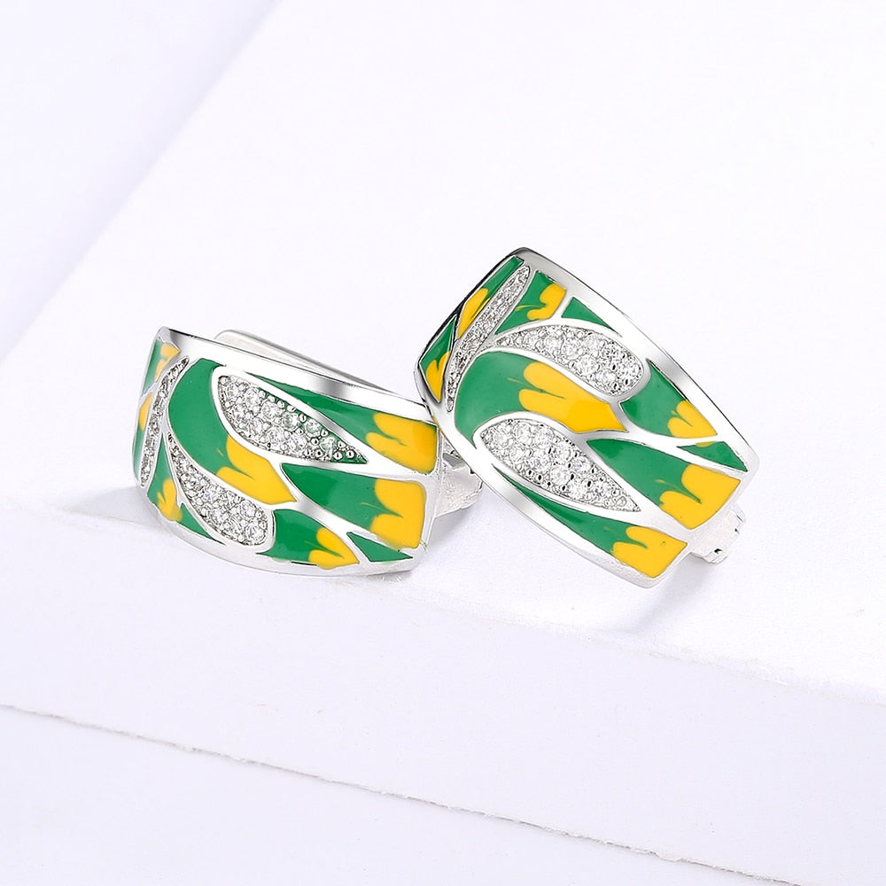 Sterling Silver Earrings Enameled in Green and Yellow with Zirconia