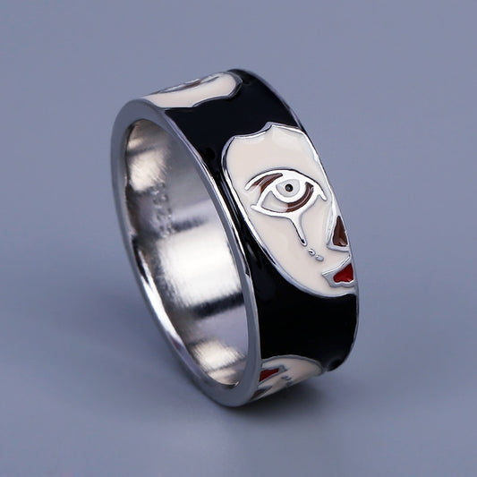 Sterling Silver Wide Ring with Enameled Half Face