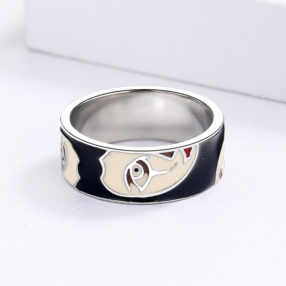 Sterling Silver Wide Ring with Enameled Half Face