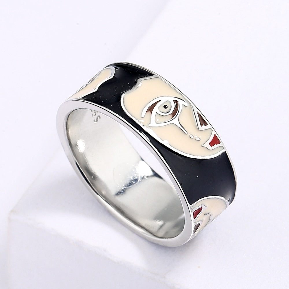 Sterling Silver Wide Ring with Enameled Half Face